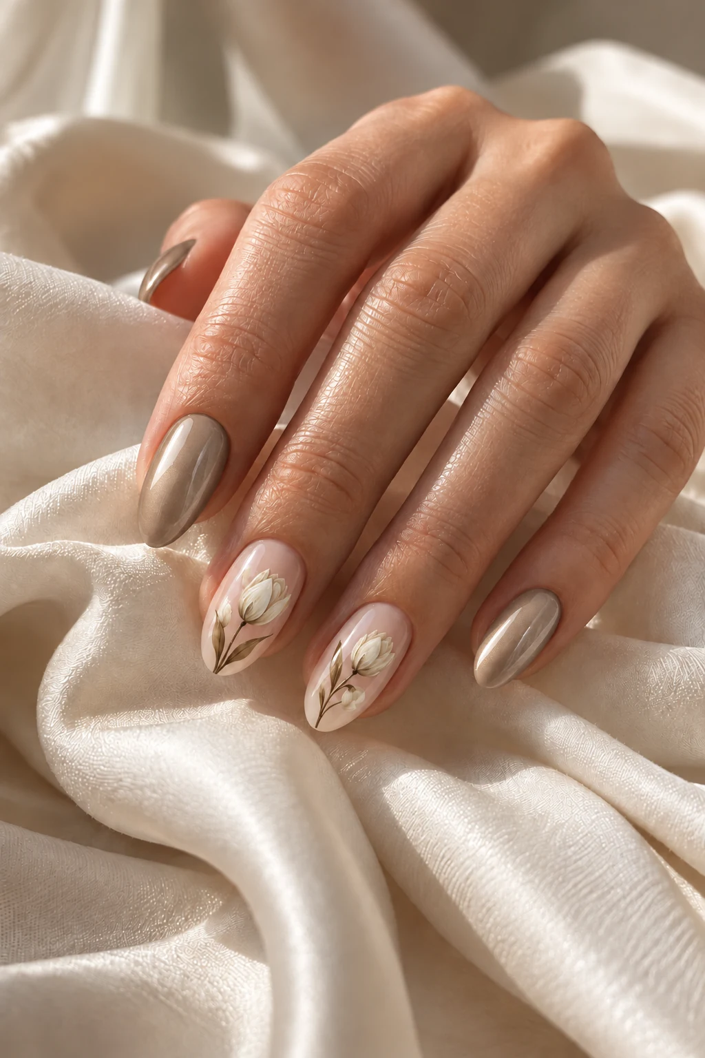 Ivory tulip nail art with taupe champagne polish, design inspiration