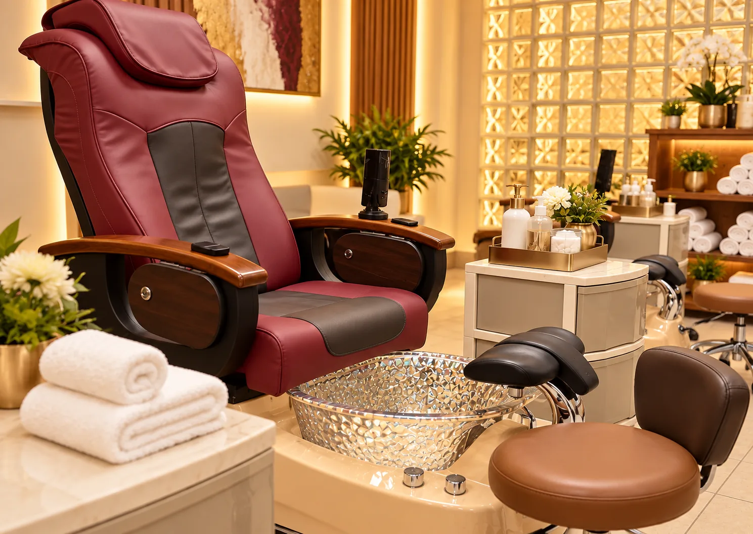A pedicure chair, foot basin and fresh towels in a Tulips salon interior visualization